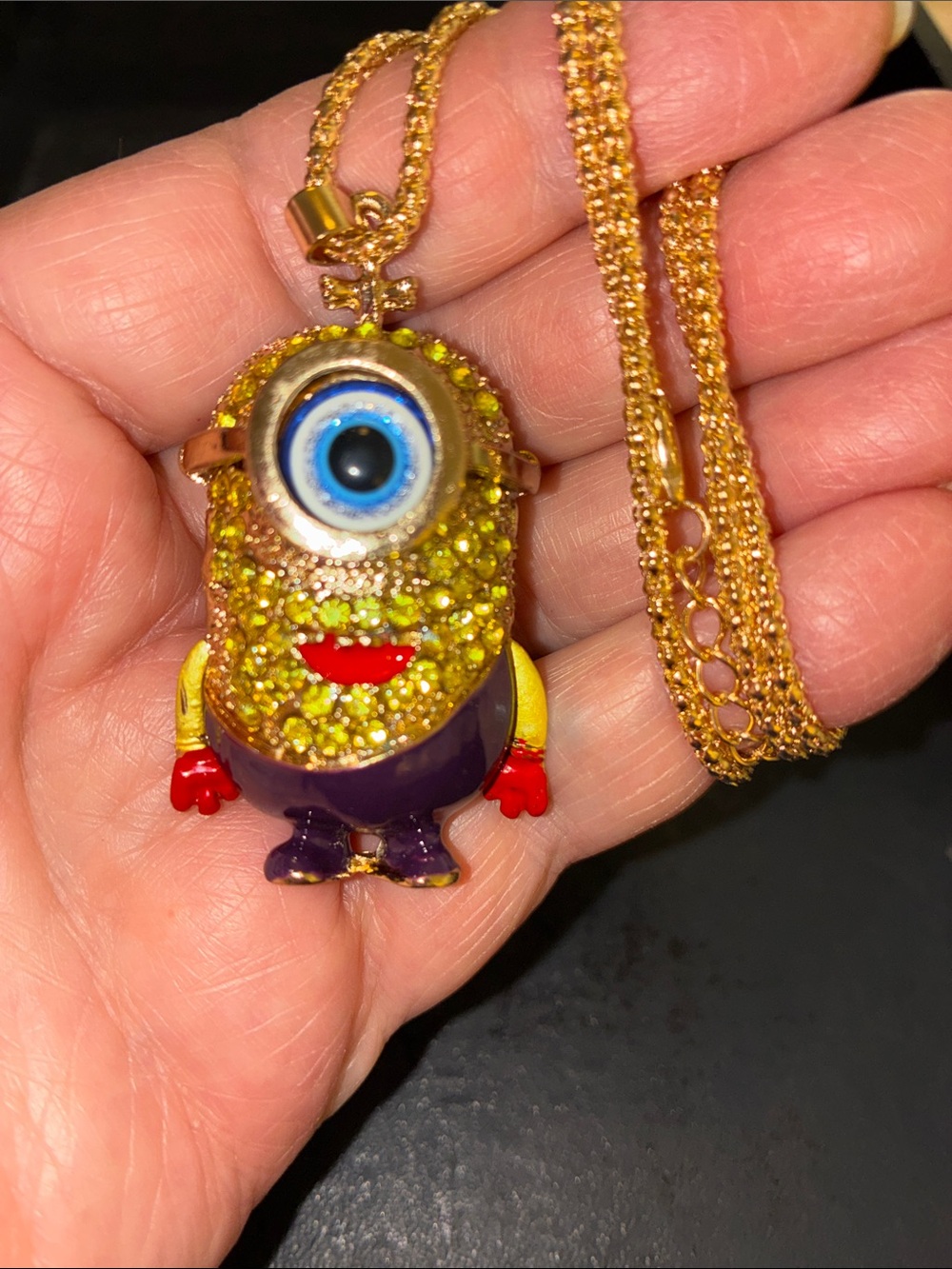 Gold-Tone Yellow Glitter One-Eye Minion pPendant Necklace